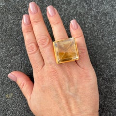 O’Gem Smoky Quartz Pyramid Cut Gold Leaf Ceramic Statement Ring