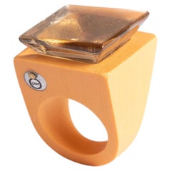 O’Gem Smoky Quartz Pyramid Cut Gold Leaf Ceramic Statement Ring