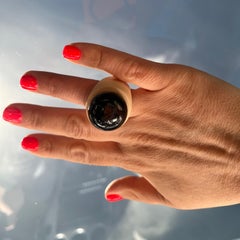 O’Gem Smoky Quartz Round Cabochon Beige Ceramic Statement Ring