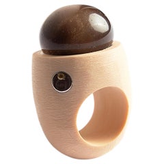 O’Gem Smoky Quartz Round Cabochon Beige Ceramic Statement Ring