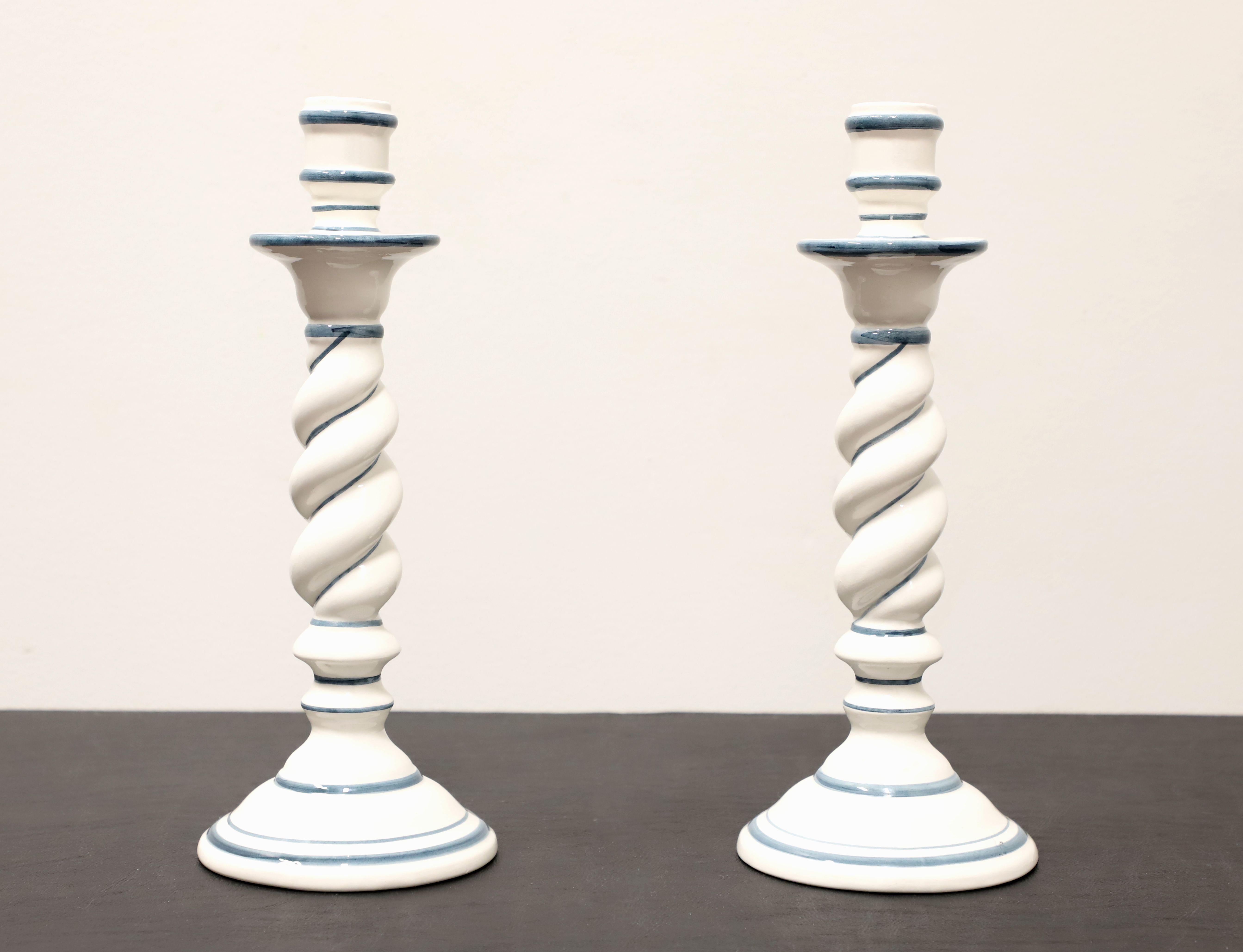 Modern OGG 1960's Italian Ceramic White & Navy Twist Candlesticks - Pair For Sale