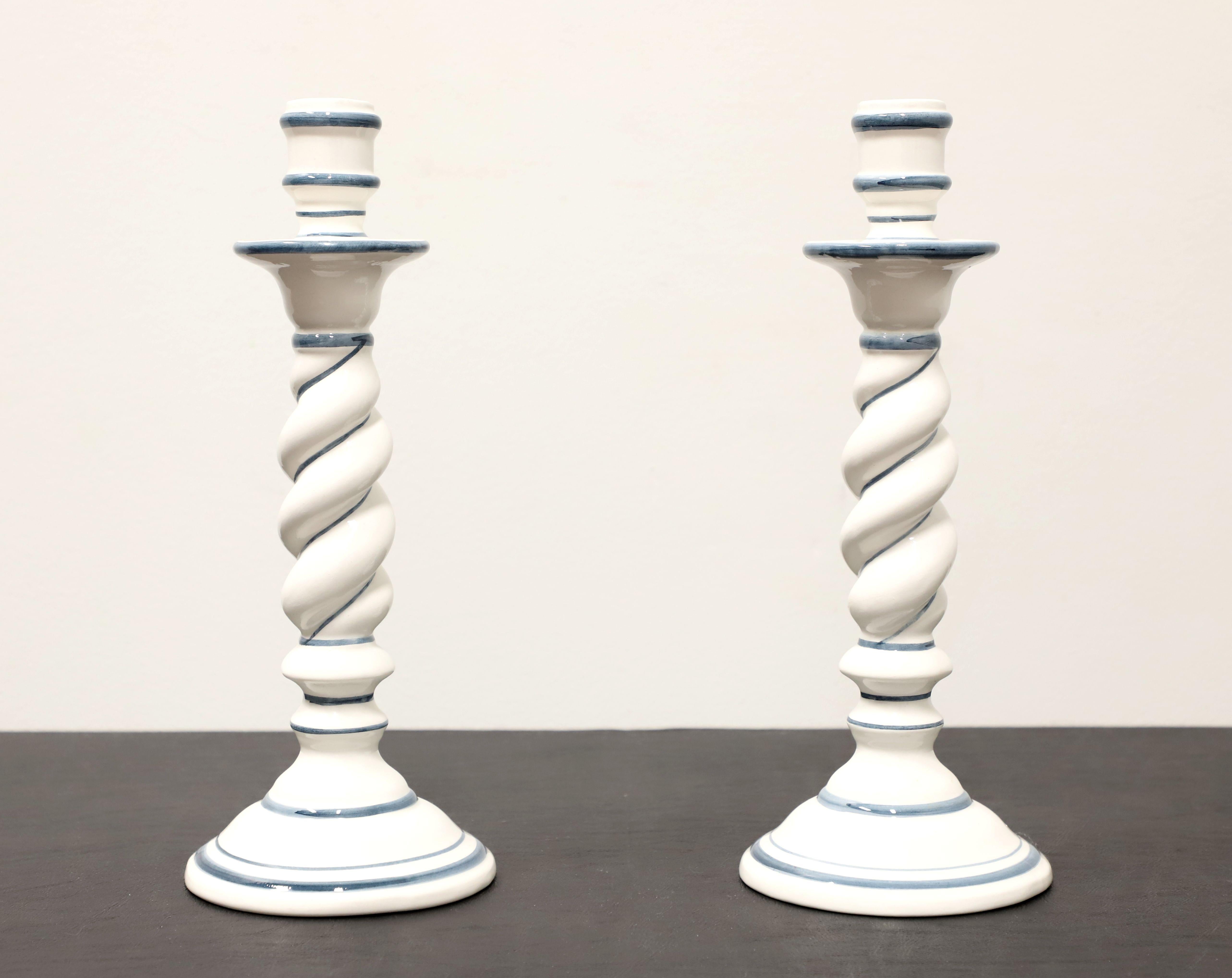 OGG 1960's Italian Ceramic White & Navy Twist Candlesticks - Pair In Good Condition For Sale In Charlotte, NC