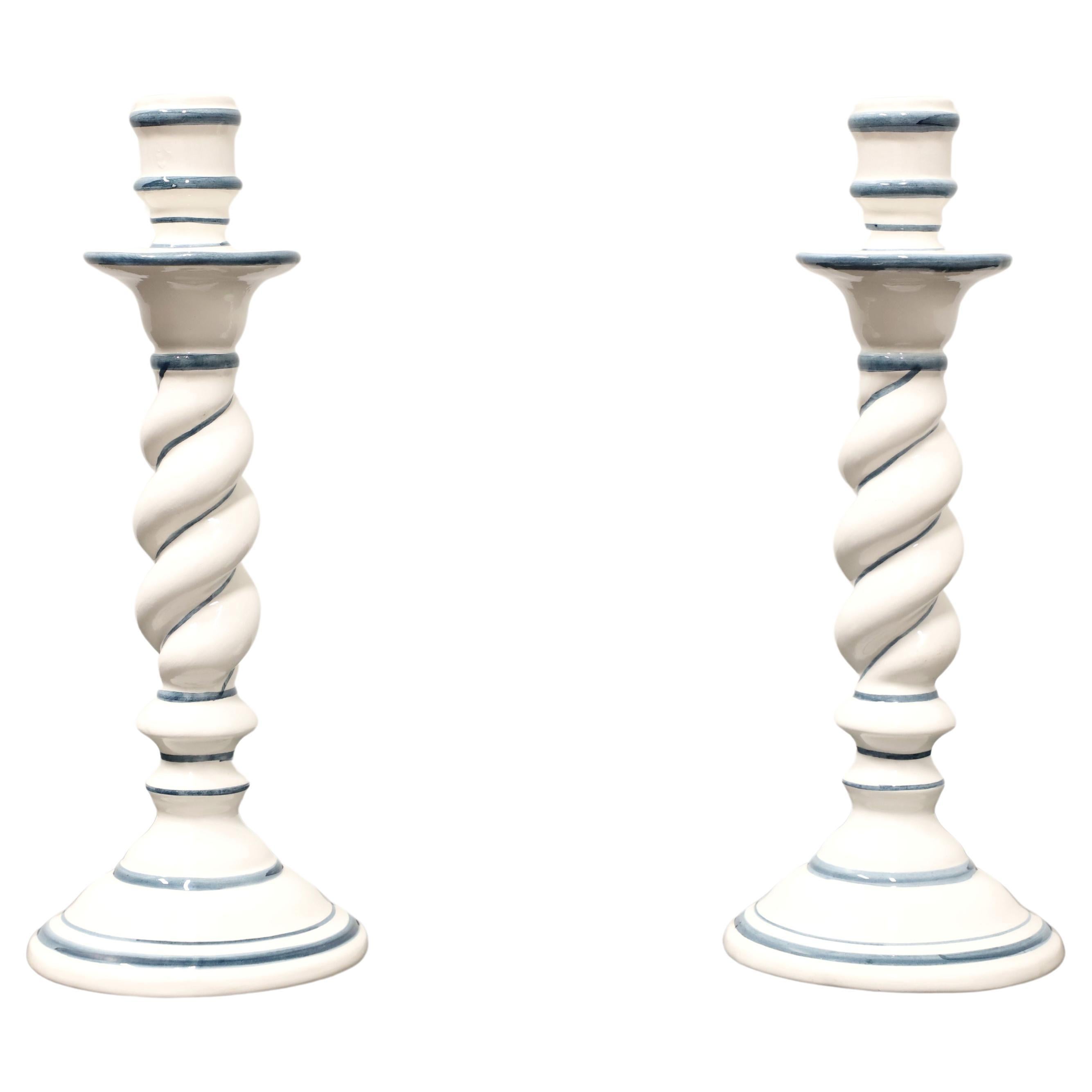OGG 1960's Italian Ceramic White & Navy Twist Candlesticks - Pair For Sale