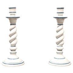 OGG 1960's Italian Ceramic White & Navy Twist Candlesticks - Pair