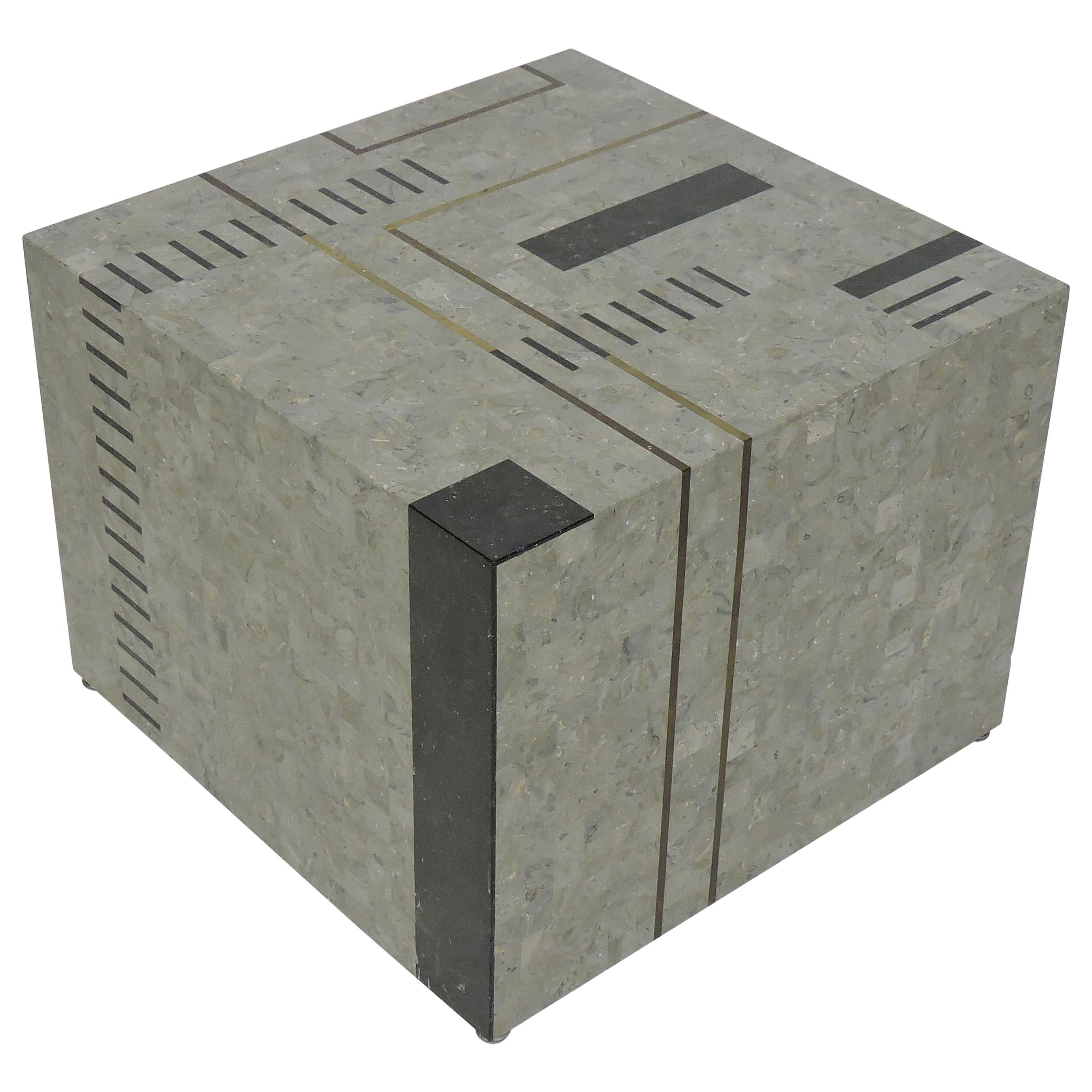Oggetti Modernist Tessellated Stone "Mondrian" Geometric Cube End Side Table