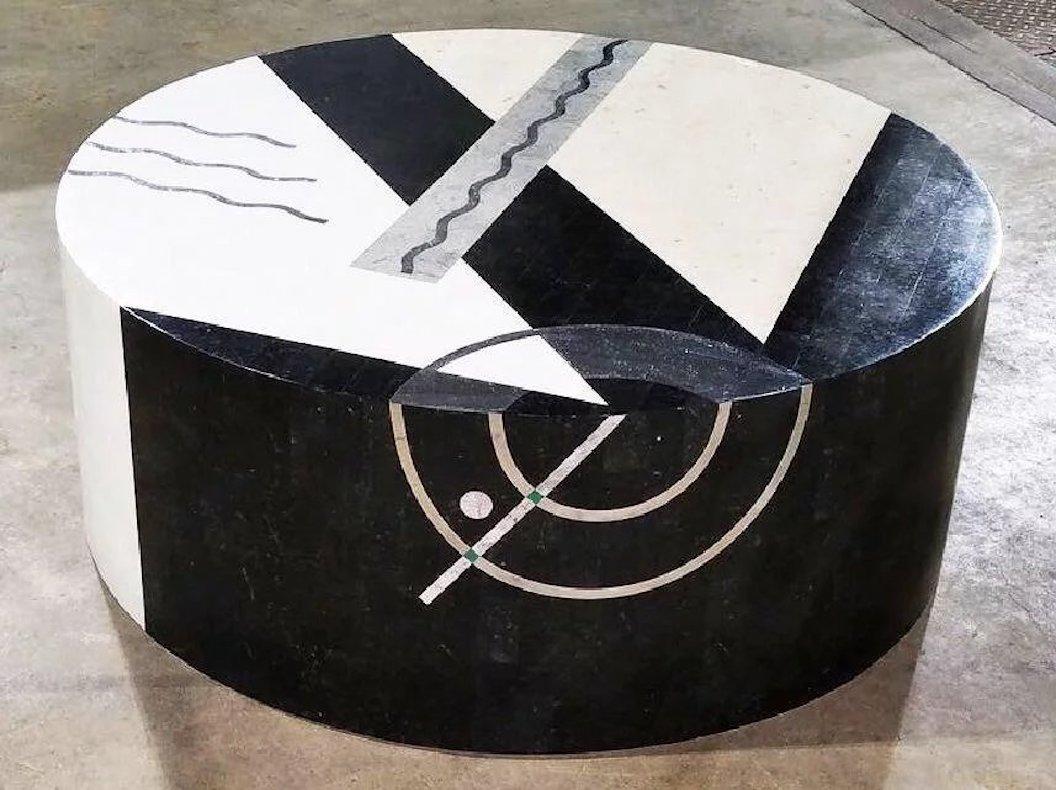 Tavola Tessellated Post-Modern Coffee Table with Marble, Malachite and Chrome accents.   Gorgeous abstract design.  The tessellated marble design with polished chrome and malachite inlays. It's a beautiful piece, as much a piece of art as it is a