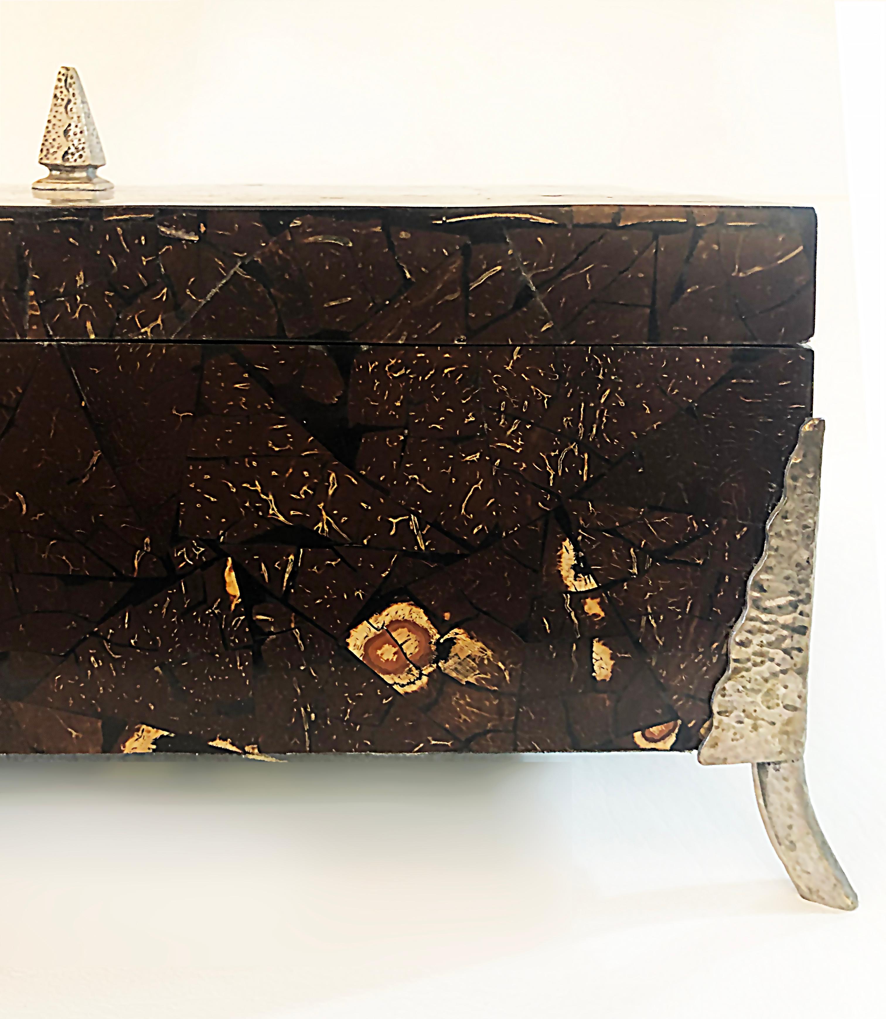20th Century Oggetti Tessellated Coconut Shell Lidded Box with Bronze Mounts, 1990s For Sale