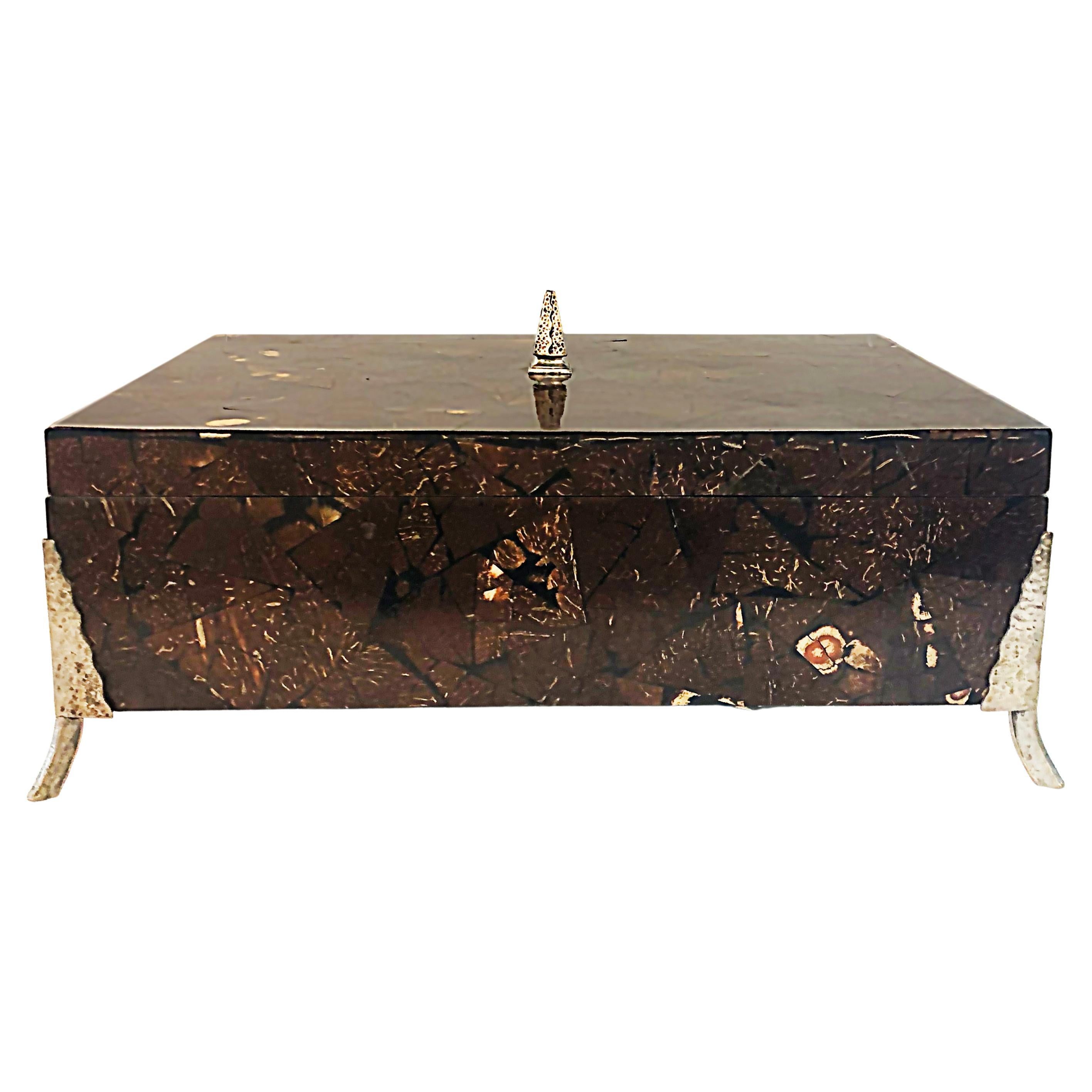 Oggetti Tessellated Coconut Shell Lidded Box with Bronze Mounts, 1990s For Sale