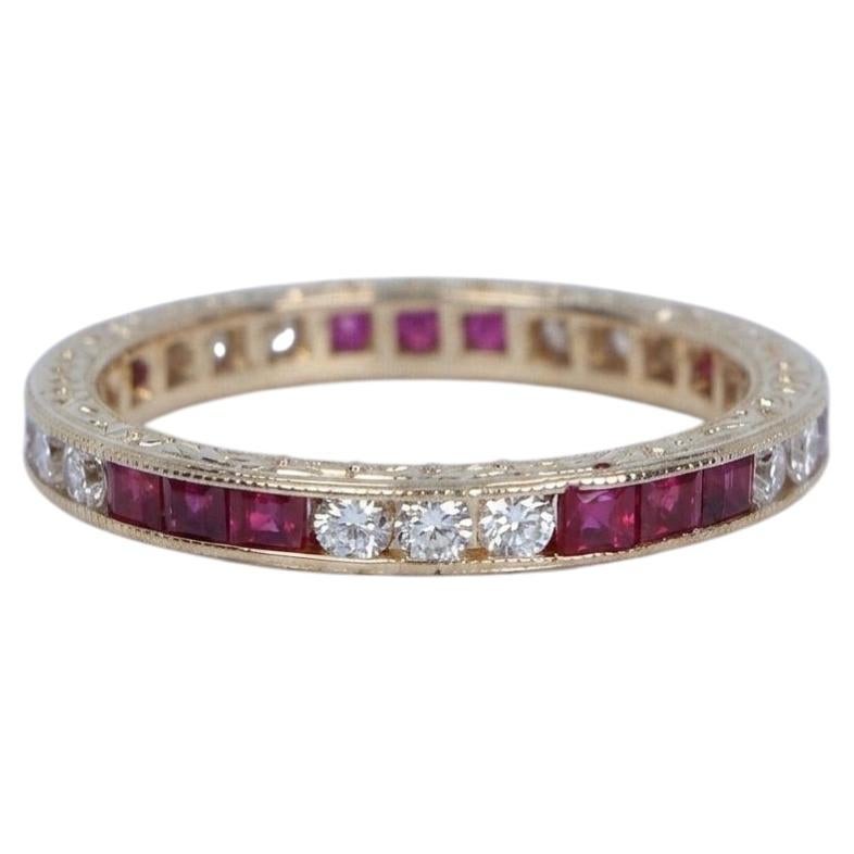 18k Yellow Gold Ruby and Diamond Milgrain Eternity Band For Sale