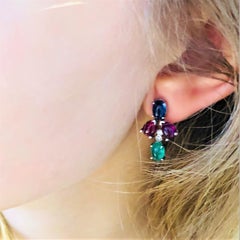Cabochon Emerald Sapphire Ruby Diamond Gold Cluster Earrings Weighing 9.25 Carat
