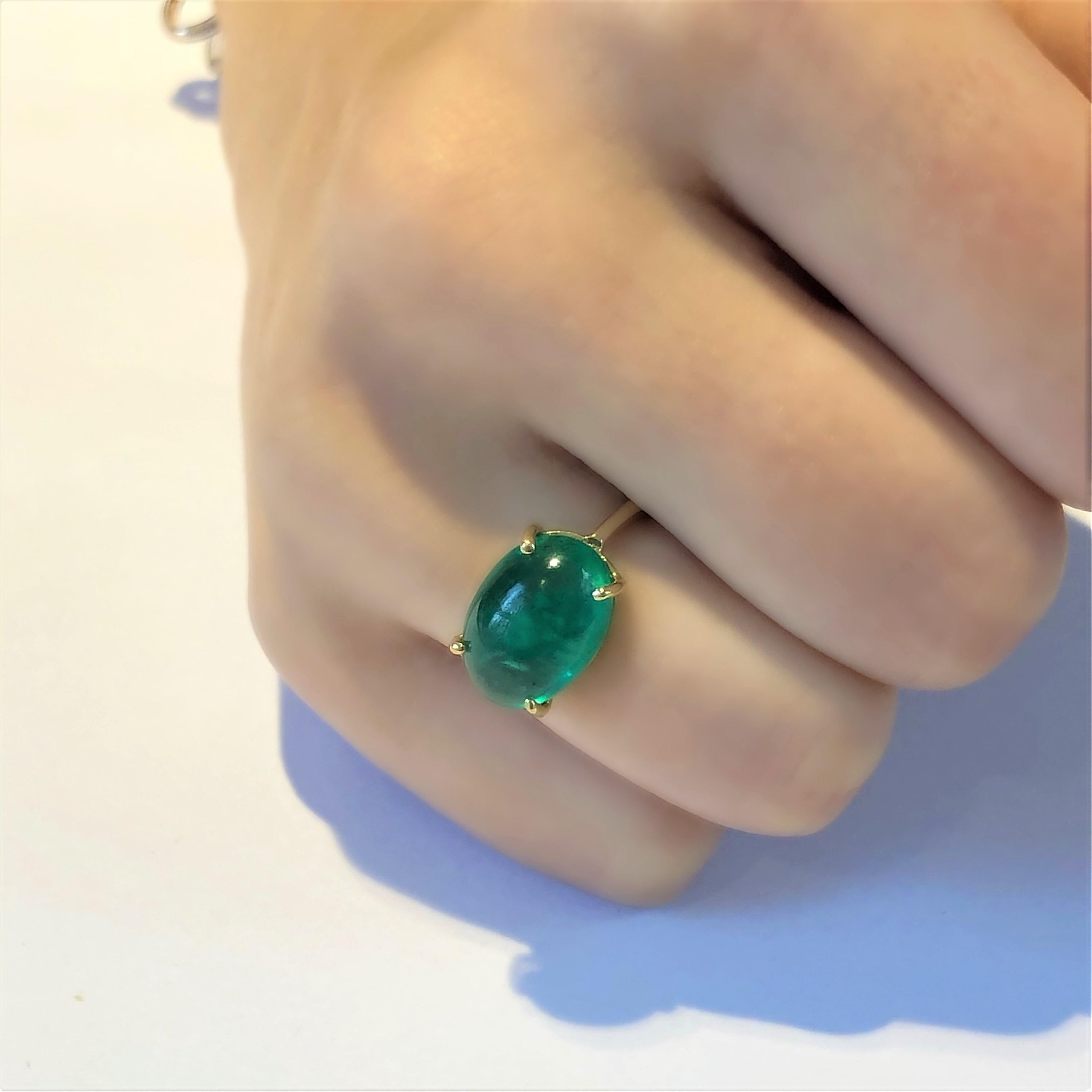 Oval Cut Cabochon Emerald Solitaire Yellow Gold Cocktail Ring Weighing 6.70 Carats