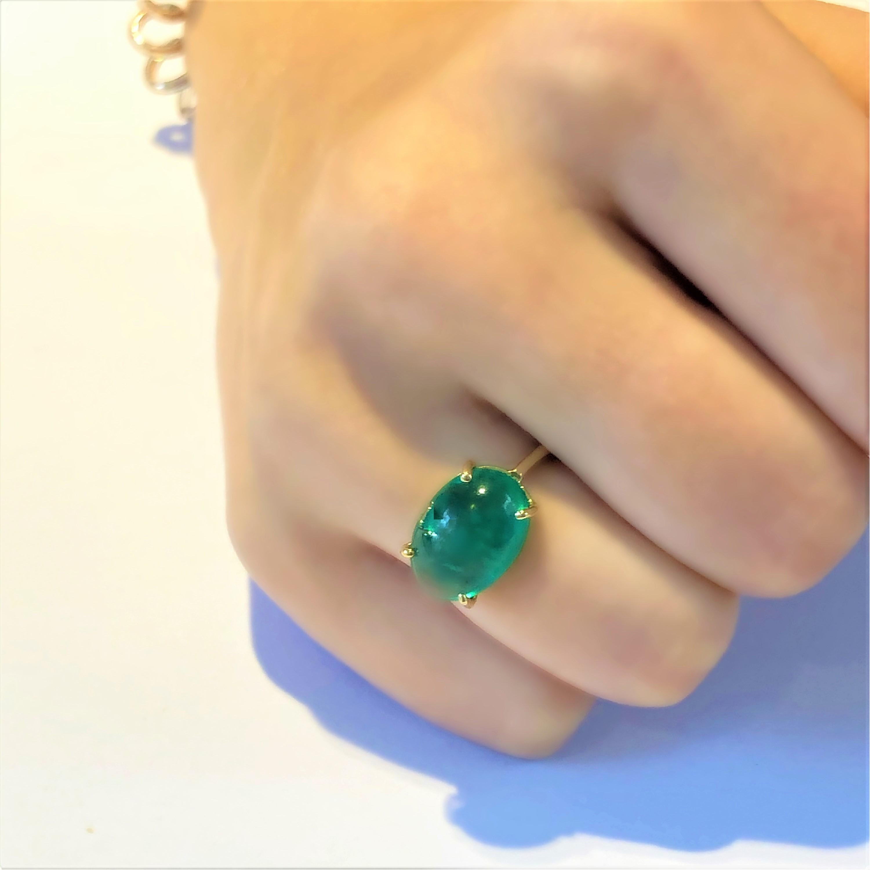 Women's Cabochon Emerald Solitaire Yellow Gold Cocktail Ring Weighing 6.70 Carats