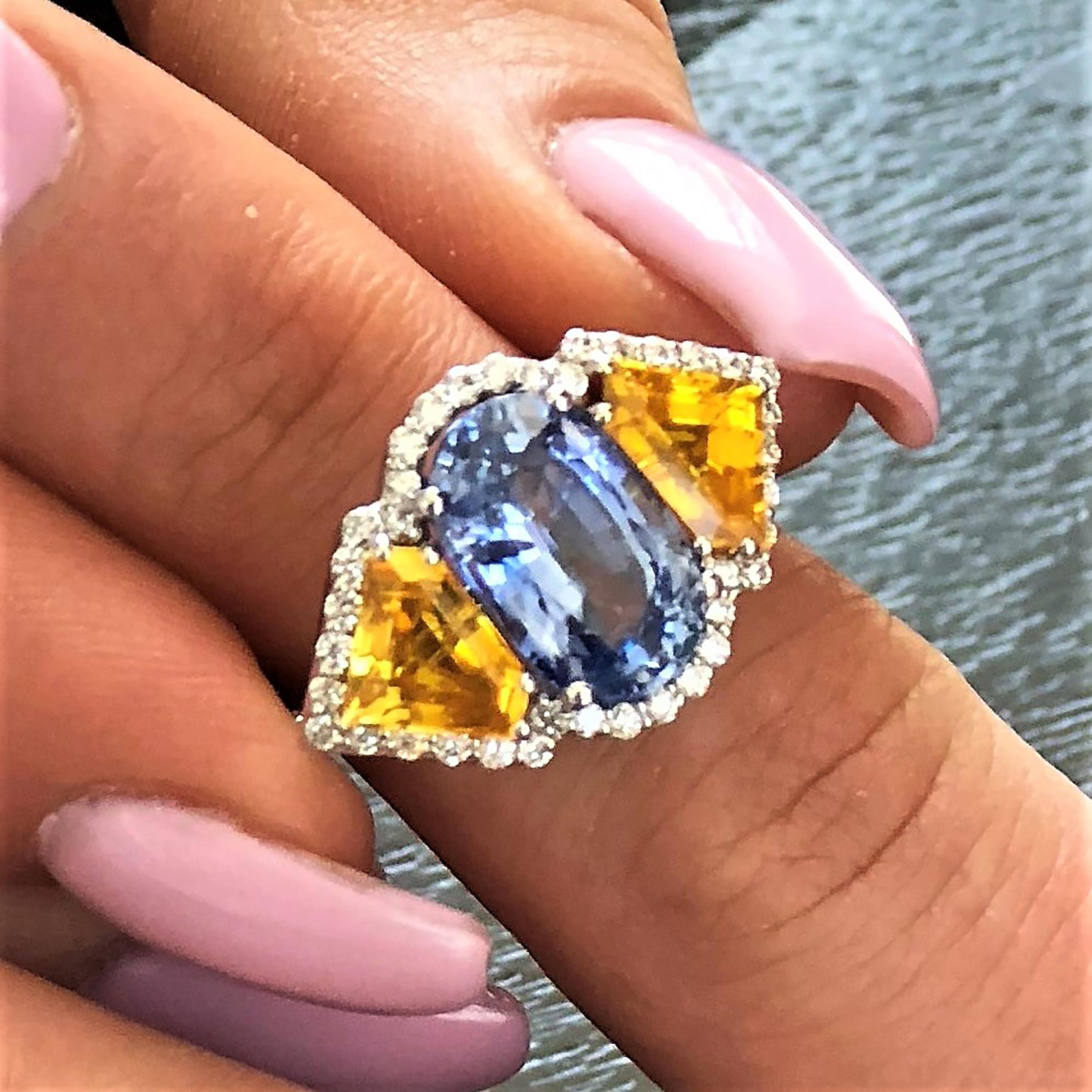 Ceylon Blue and Yellow Sapphire Diamond Gold Cocktail Ring Weighing 8.26 Carat 1