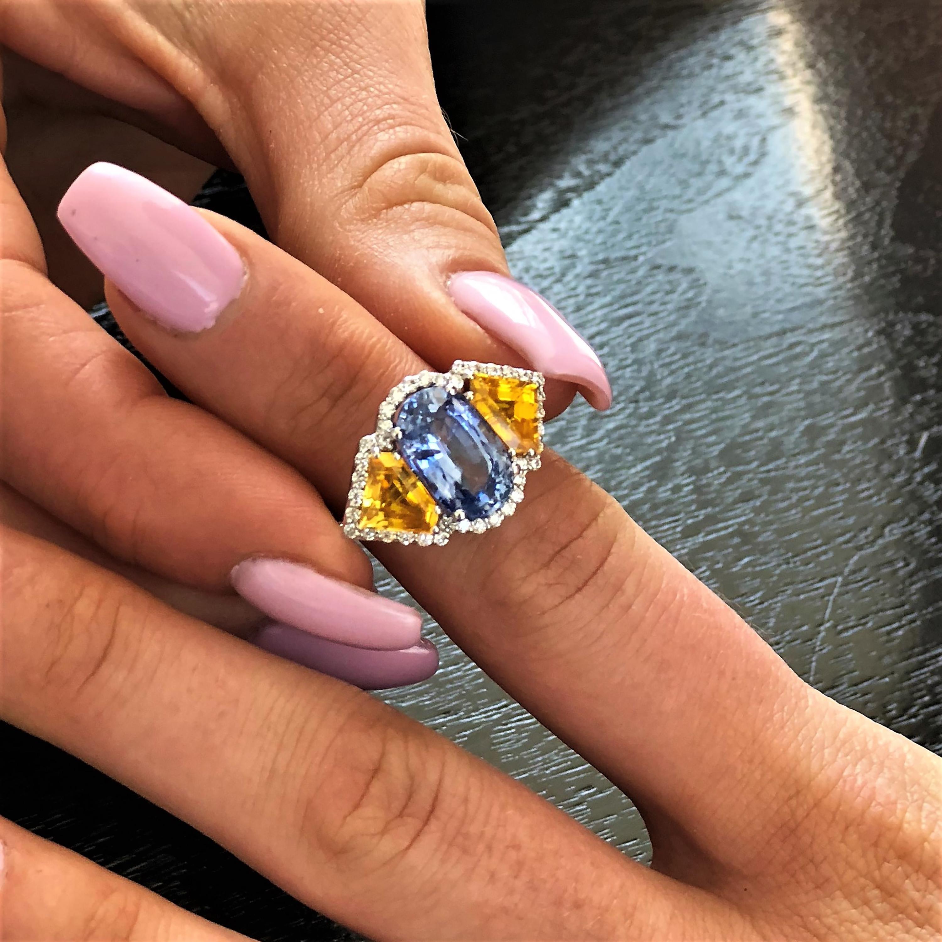 Ceylon Blue and Yellow Sapphire Diamond Gold Cocktail Ring Weighing 8.26 Carat 2