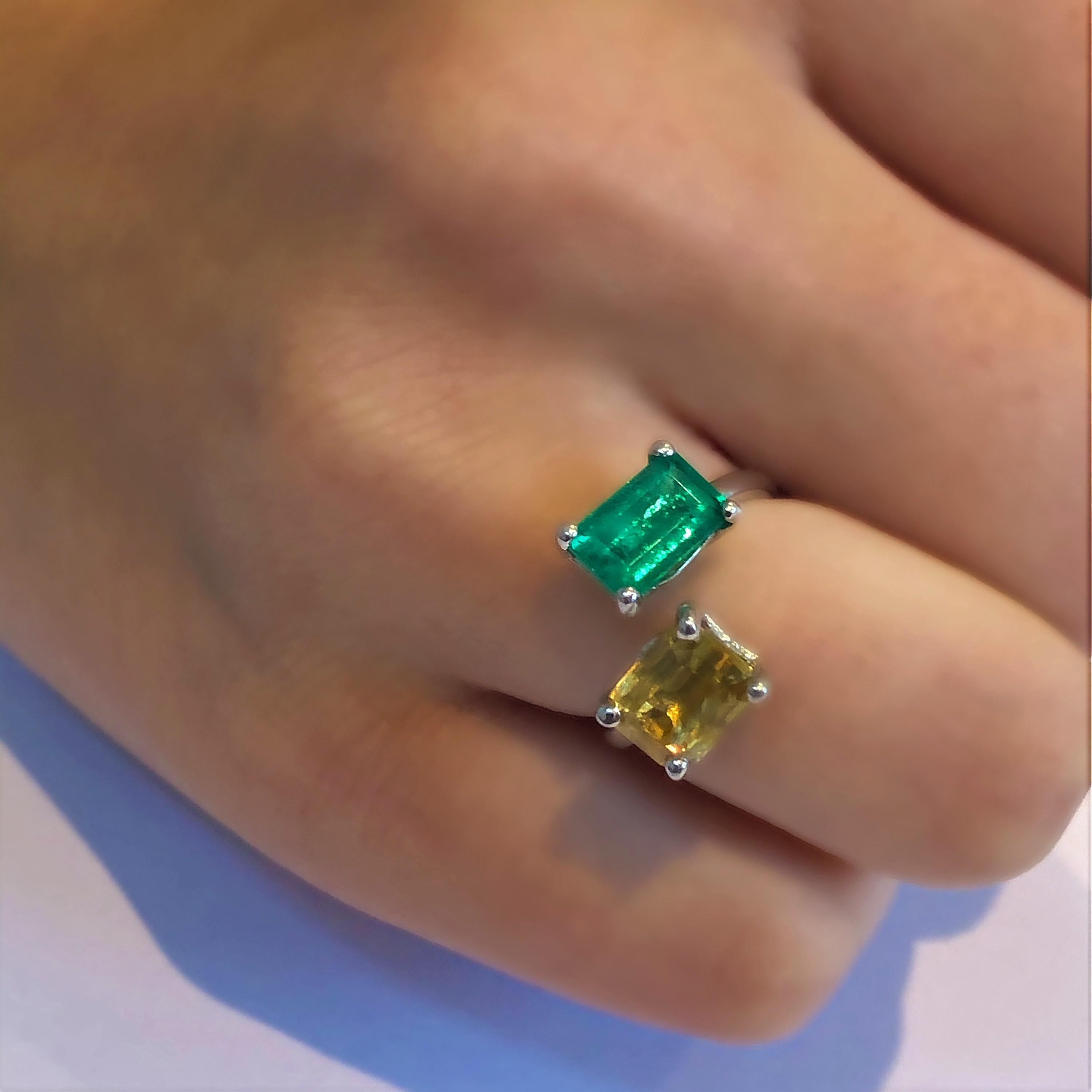 Women's EC Emerald and Yellow Sapphire Open Shank Cocktail Ring Weighing 4.11 Carat