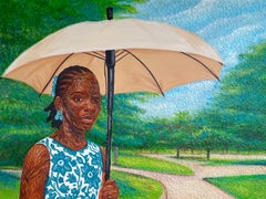 Abike 1 -Siglo XXI Retrato Figurativo Contemporáneo de Mujer Moderna, Paraguas