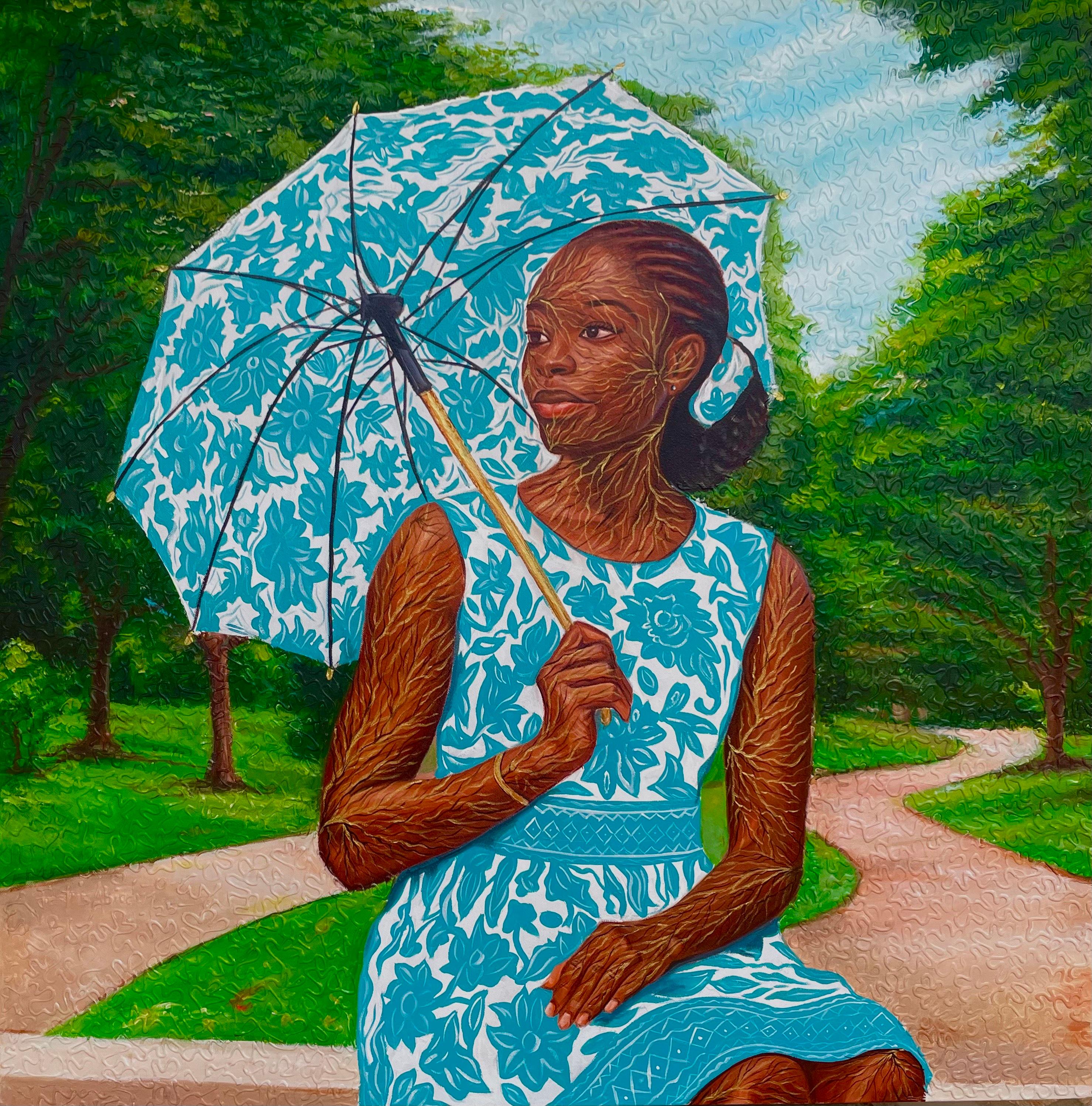 Abike 2 -21. Jahrhundert Zeitgenössisches figuratives Porträt einer modernen Frau, Regenschirm