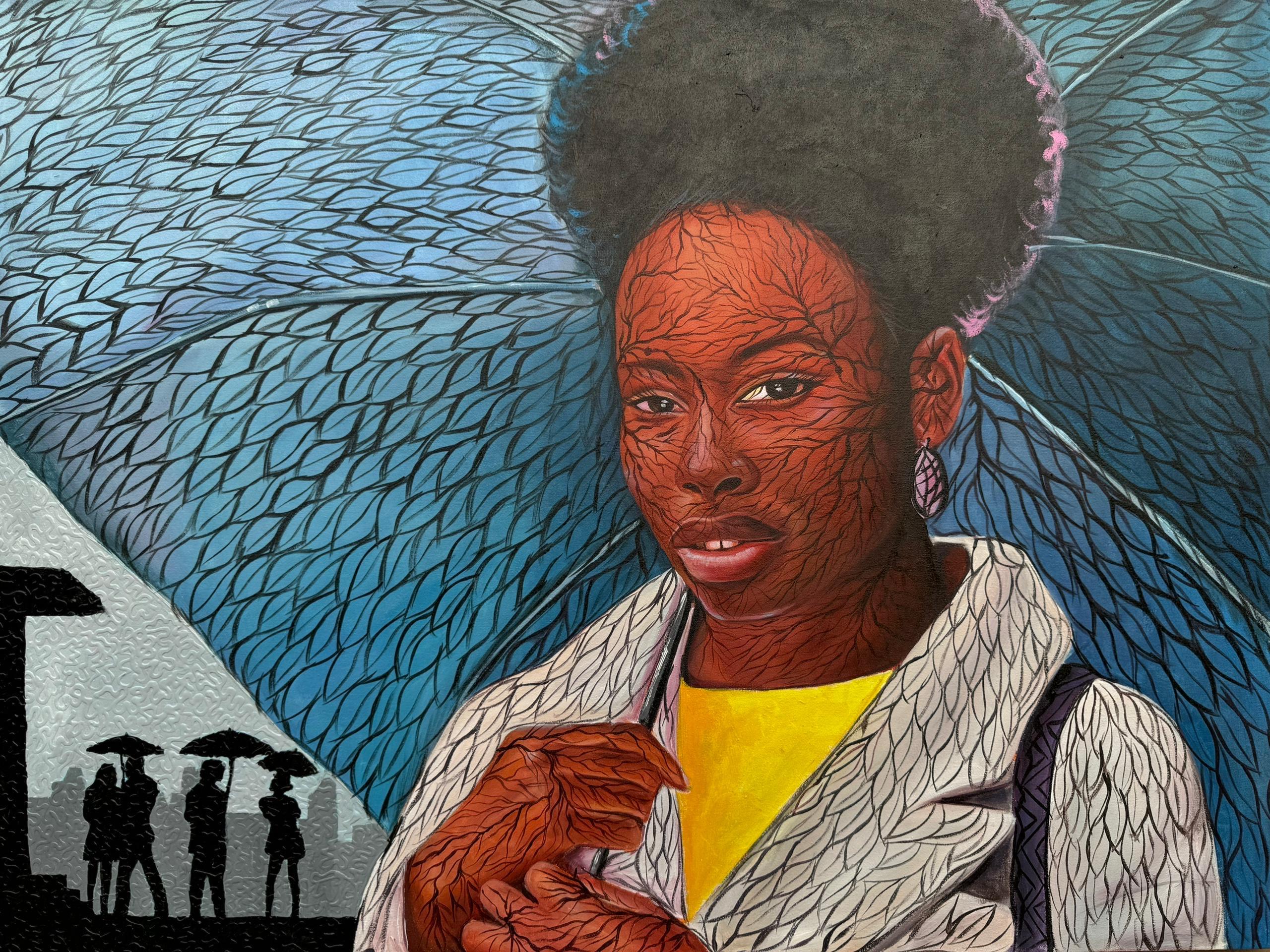 Geschütztes Herz -21. Jahrhundert Zeitgenössisches figuratives Porträt einer Frau, Regenschirm