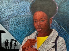 Geschütztes Herz -21. Jahrhundert Zeitgenössisches figuratives Porträt einer Frau, Regenschirm