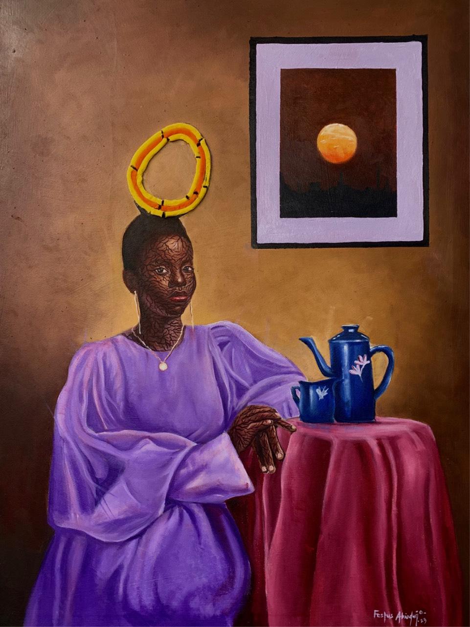 Tranquility - Brown Figurative Painting by Ogunleke Festus Abiodun