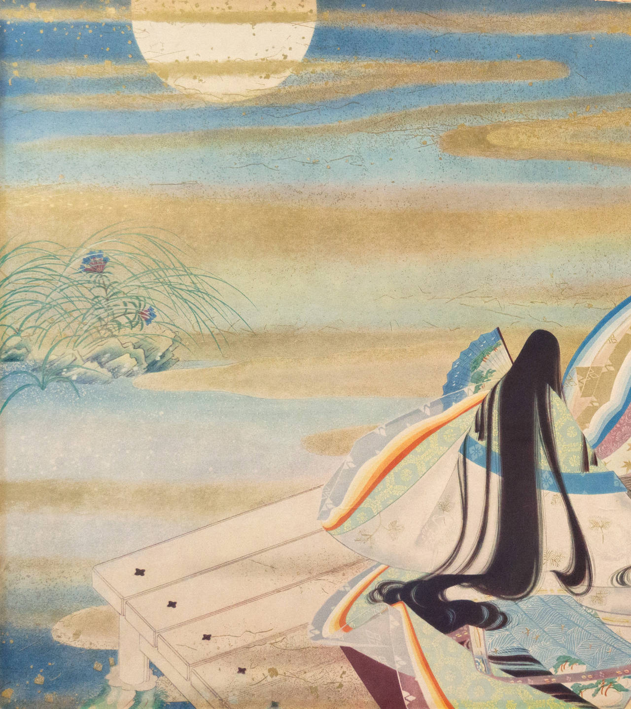 'Musicians Viewing the Full Moon', Large Japanese Color Woodblock Print, Biwa - Beige Figurative Print by Ogyu Tensen