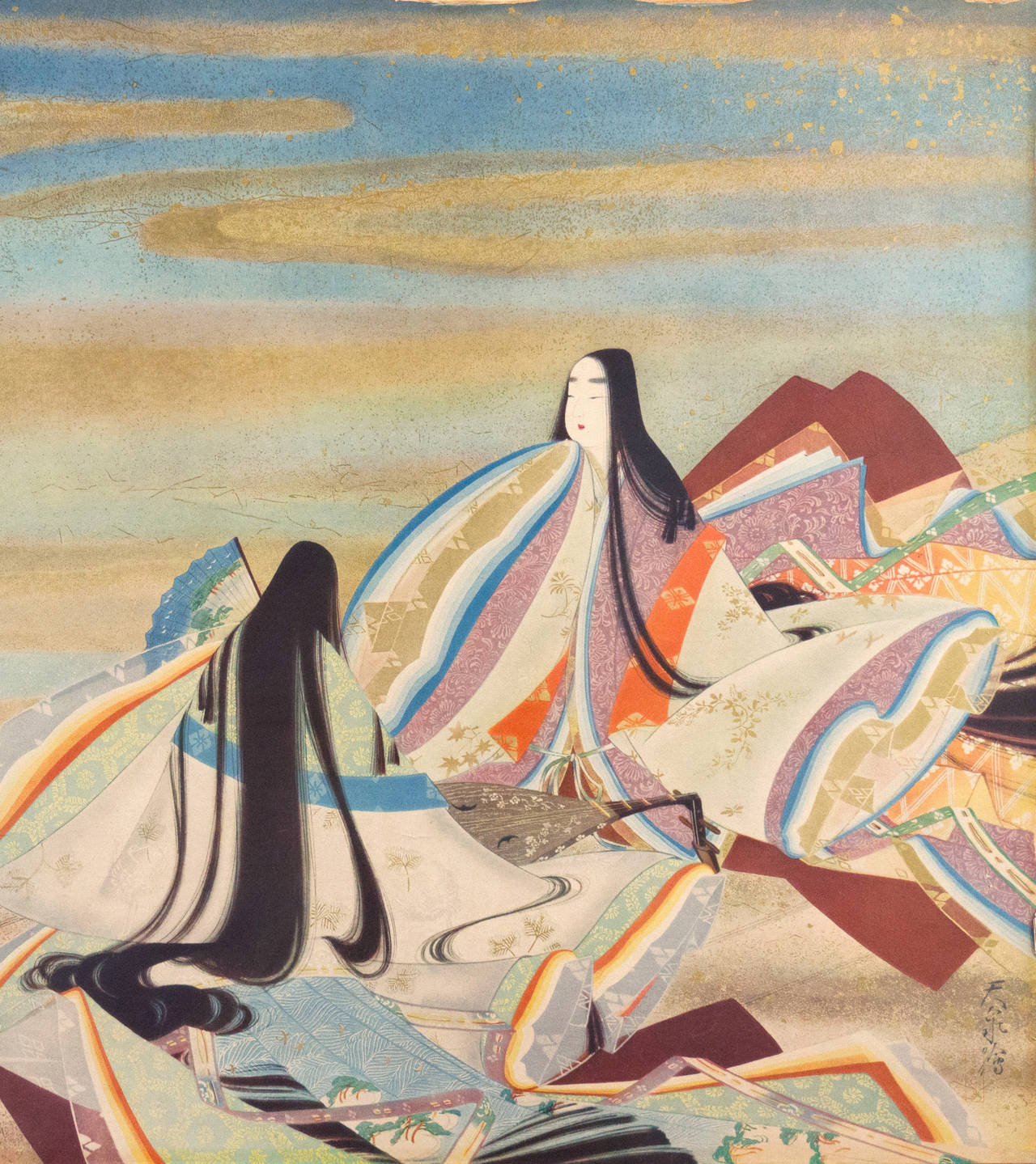 Signed, lower right, with artist's chop mark in Hiragana, 'Tensen-e' 天泉絵, for Ogyū Tensen 荻生天泉 (Japanese, 1882-1947)

A large, early-20th-century, hand-colored Japanese woodblock showing elegantly-robed figures seated beside musical instruments in a
