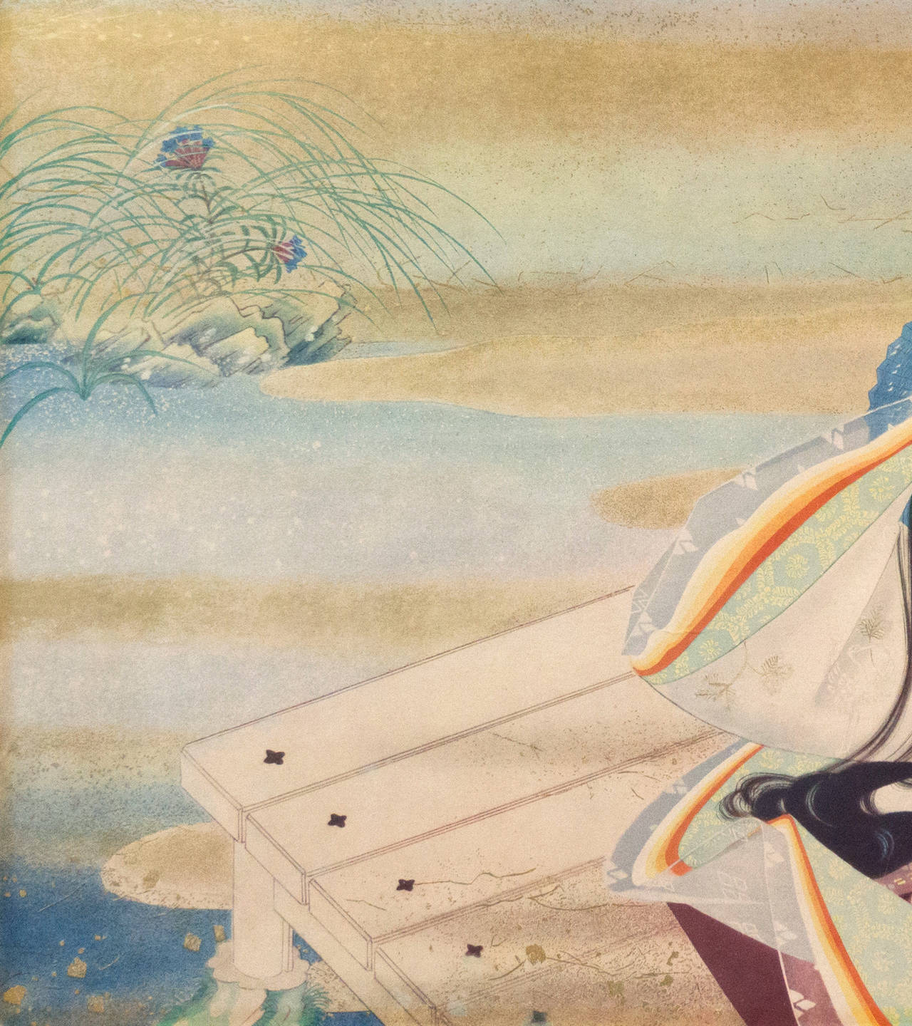 'Musicians Viewing the Full Moon', Large Japanese Color Woodblock Print, Biwa For Sale 2
