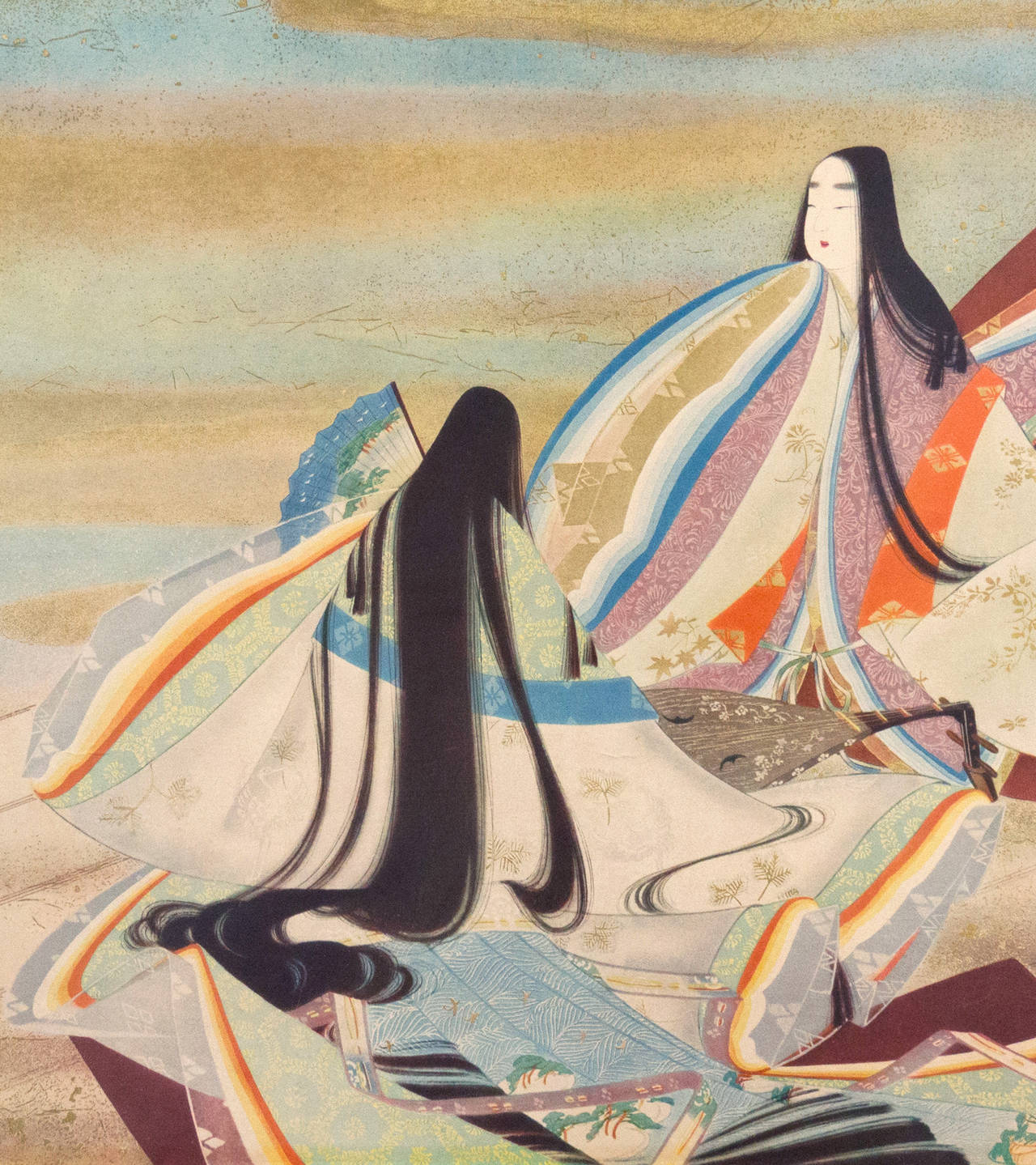 'Musicians Viewing the Full Moon', Large Japanese Color Woodblock Print, Biwa For Sale 3