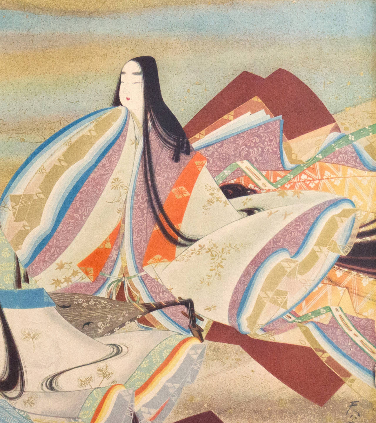 'Musicians Viewing the Full Moon', Large Japanese Color Woodblock Print, Biwa For Sale 4