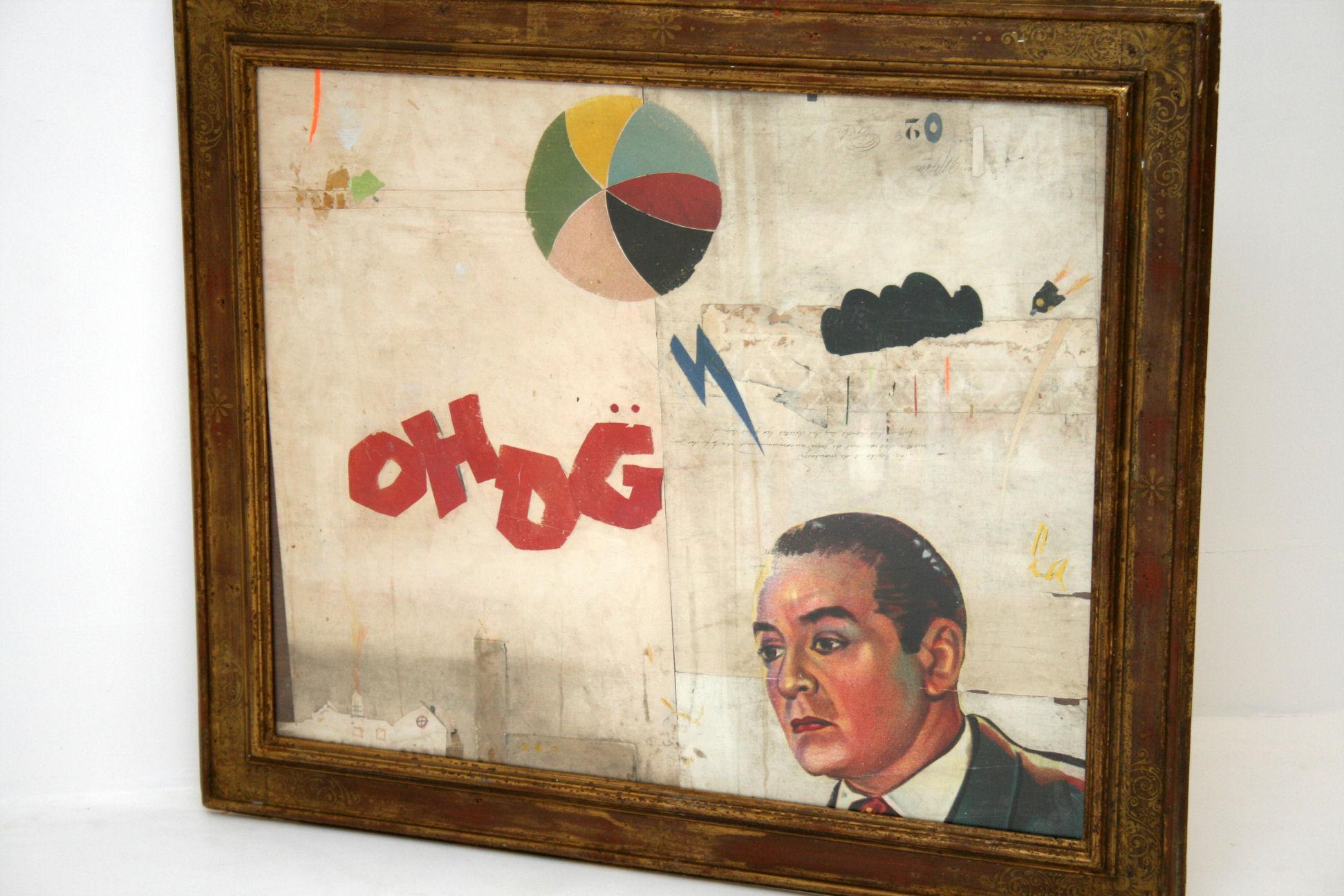 Oh brother
By Artist Huw Griffith
Collage: 19th century French ephemera, film
posters from ‘30s, ‘40s & ‘50s, graphite crayons
and household paint.
The collage has been placed into an antique frame which has been reworked by Huw and is part of