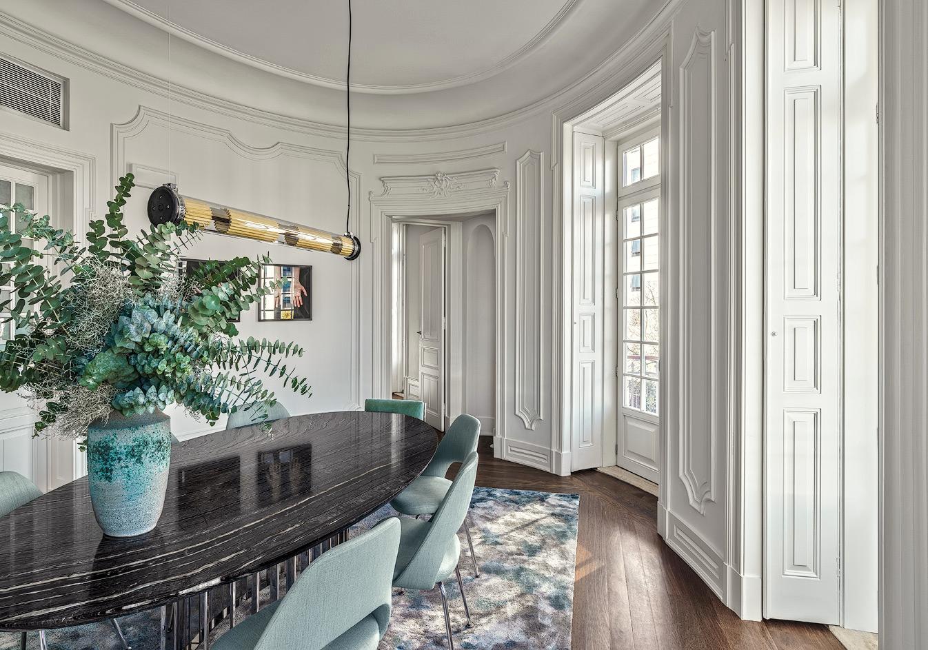 Polished Oh Table Dining Table in lacquered wood or marble top and stainless steel For Sale
