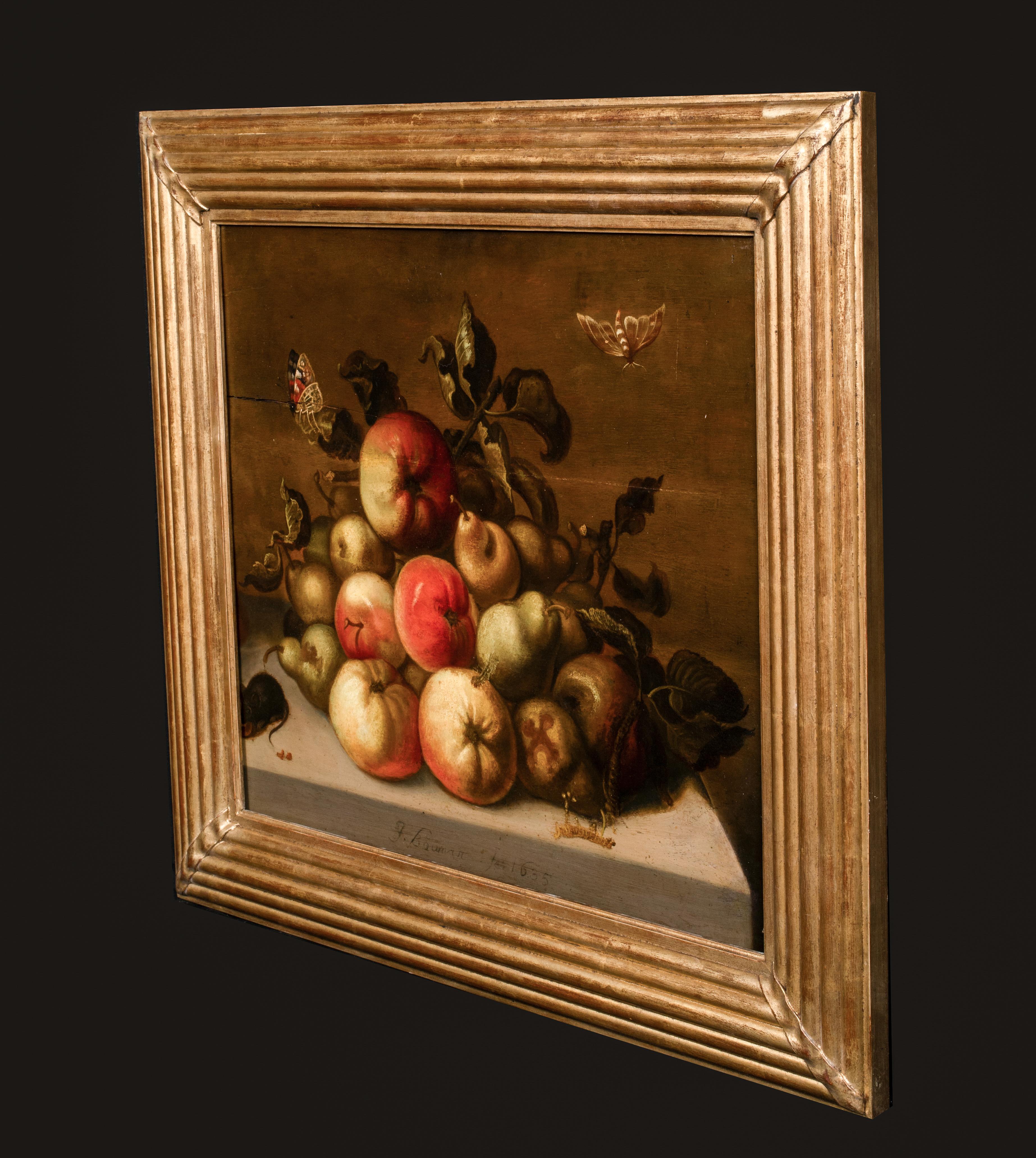 Study of Apples, Pears, Caterpillar, Butterflies and Mice - by Johannes BOUMAN - Brown Still-Life Painting by Ohannes Bouman