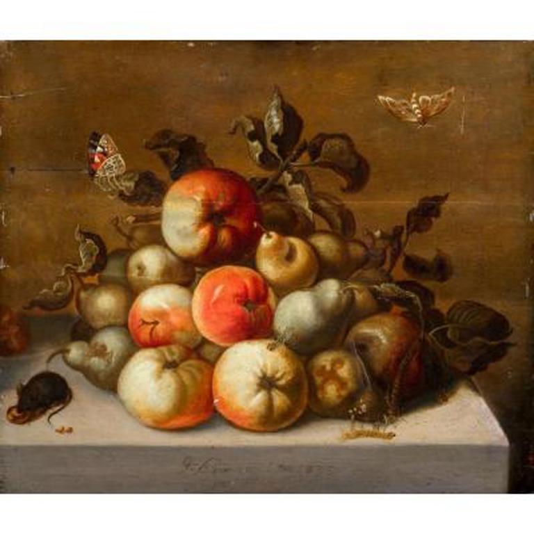 Ohannes Bouman Still-Life Painting - Study of Apples, Pears, Caterpillar, Butterflies and Mice - by Johannes BOUMAN