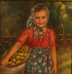 Antique French  Female Figurative Oil Painting " Farm Girl Gathering Fruit" 1940