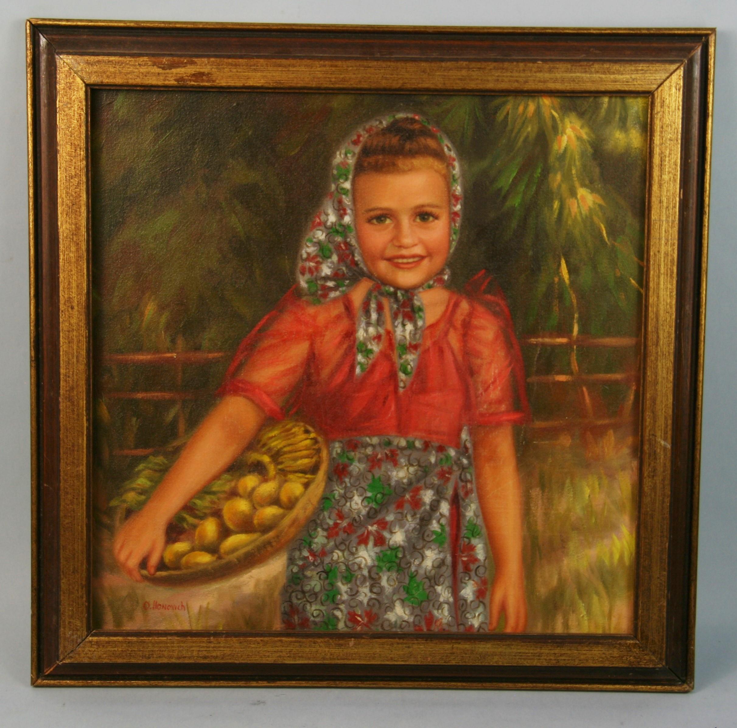 O.Hanovich Figurative Painting - Antique French  Female Figurative Oil Painting " Farm Girl Gathering Fruit" 1940