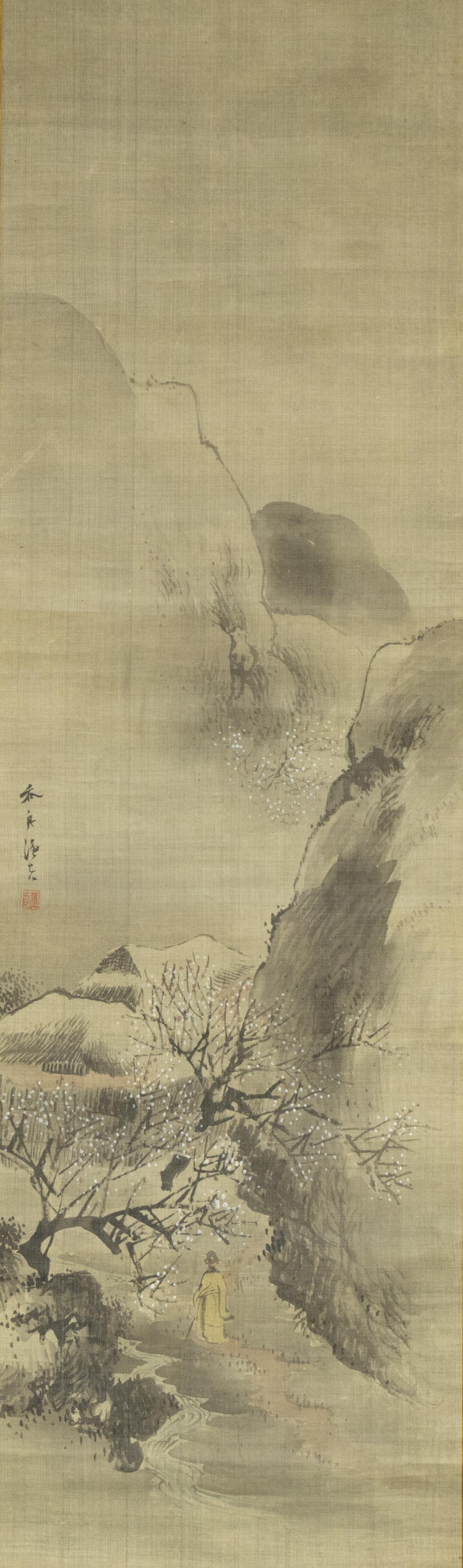 Ôhara Donshû (1792 - 1857) De geur van pruimen in de nacht
Rolschildering / scroll op zijde, houten rollers, in houten cassette. Provenance: Oranda Jin. A/B 98.8 x 29.4 / 184 x 41.5 cm
98.8 x 29.4 / 184 x 41.5 cm
 