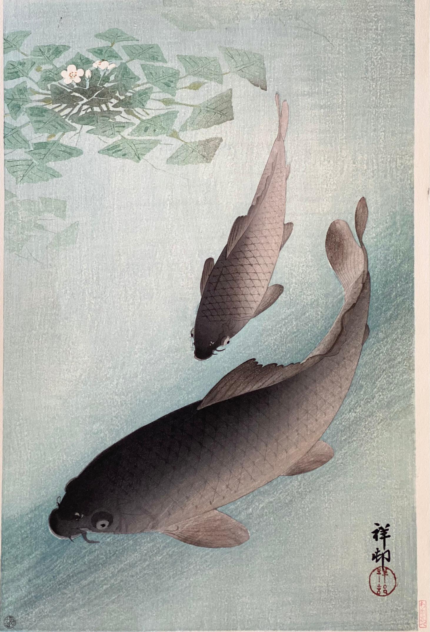 Ohara Koson Landscape Print - Authentic Woodblock Print-Two Carps and Water Chestnut-Life time edition