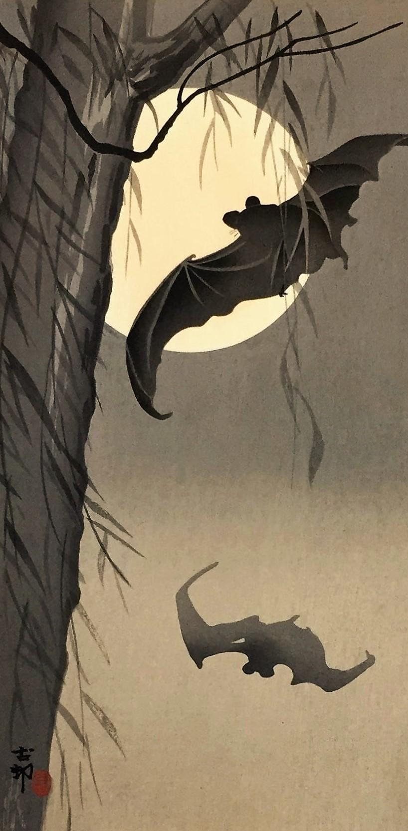 Ohara Koson Animal Print – Bats against a Full Moon