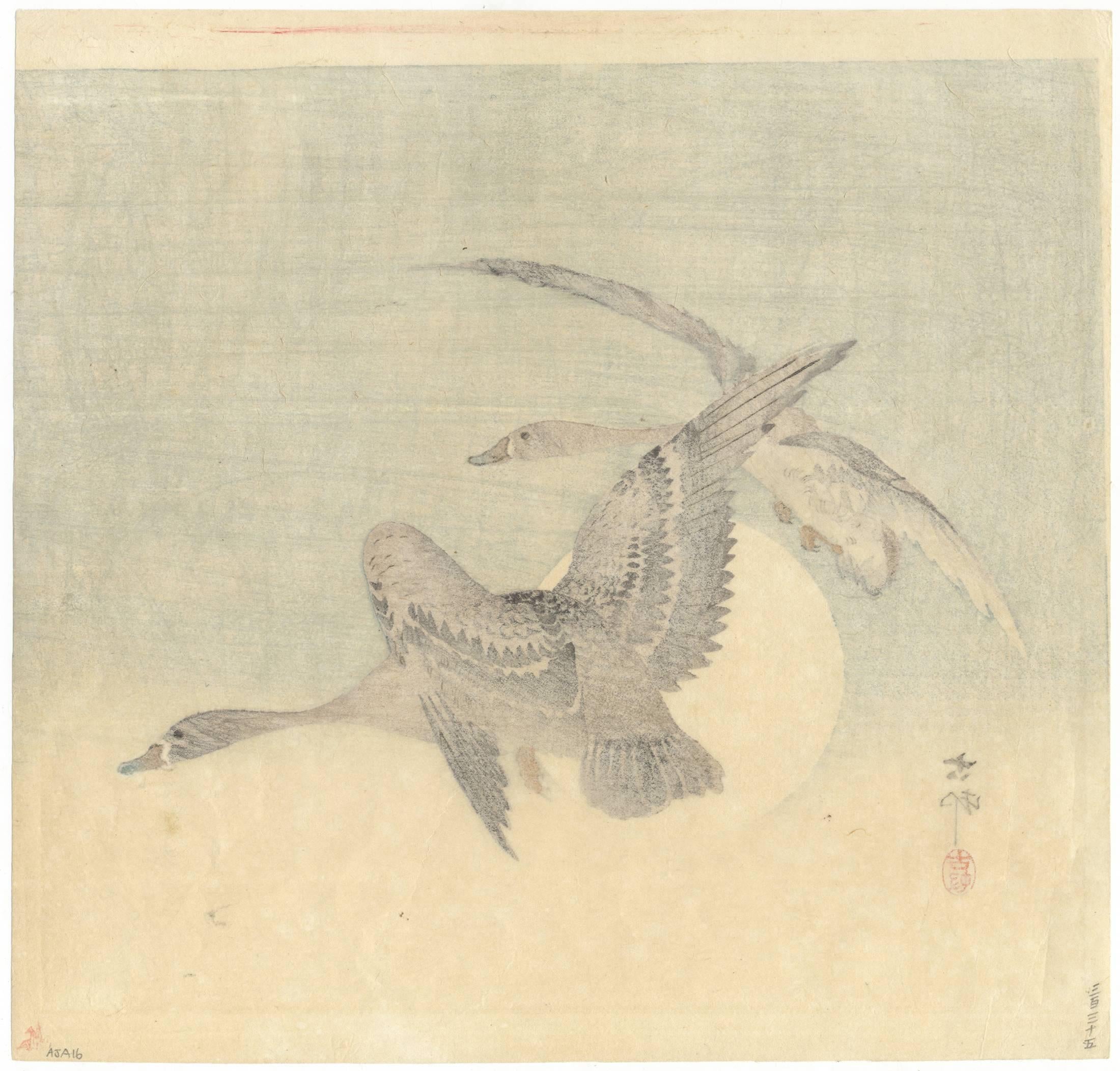 Artist: Ohara Koson (1877-1945)
Title: Two white-fronted geese in flight
Date: Early 20th century
Publisher: Daikoku-ya
Size: 24.1 x 25.1 cm
Condition report: Discolouration due to the previous mounting. Pencil marking on the back. Horizontal