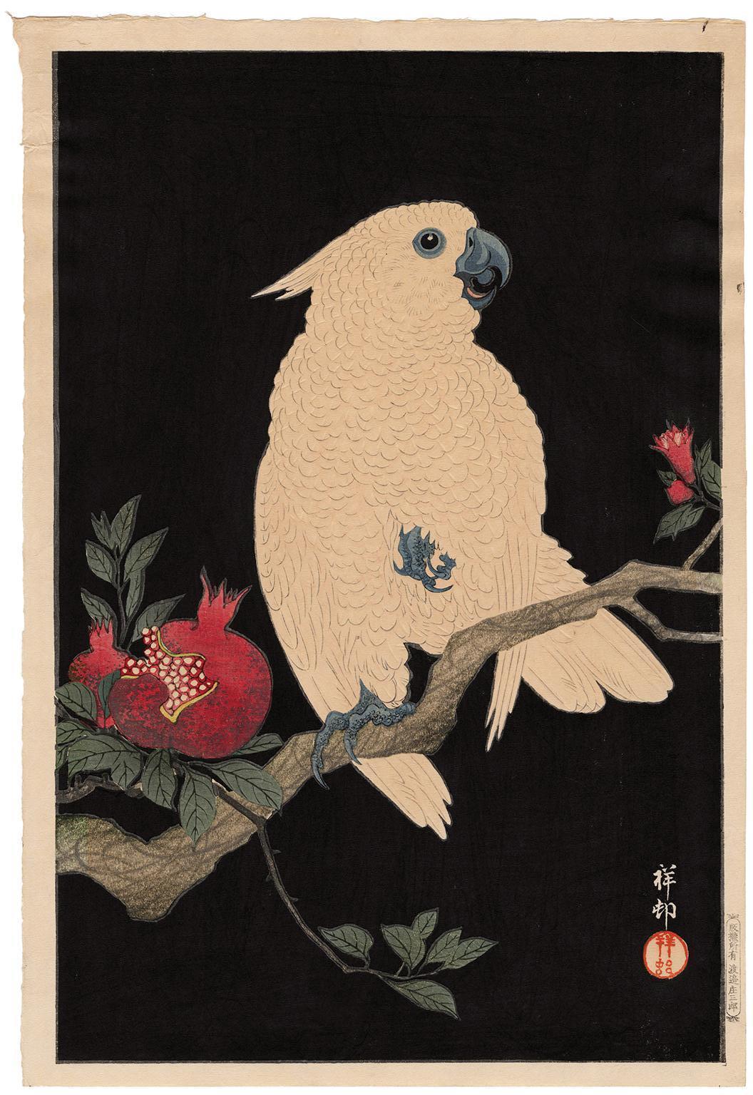 Ohara Koson Animal Print - Cockatoo on Pomegranate — Lifetime Impression