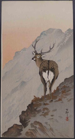 Cerf sur une corniche au crépuscule - Gravure sur bois de Ohara Koson - Années 1910