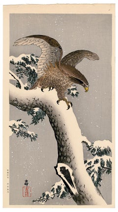 Eagle on Snow Covered Pine — Showa Woodblock Print