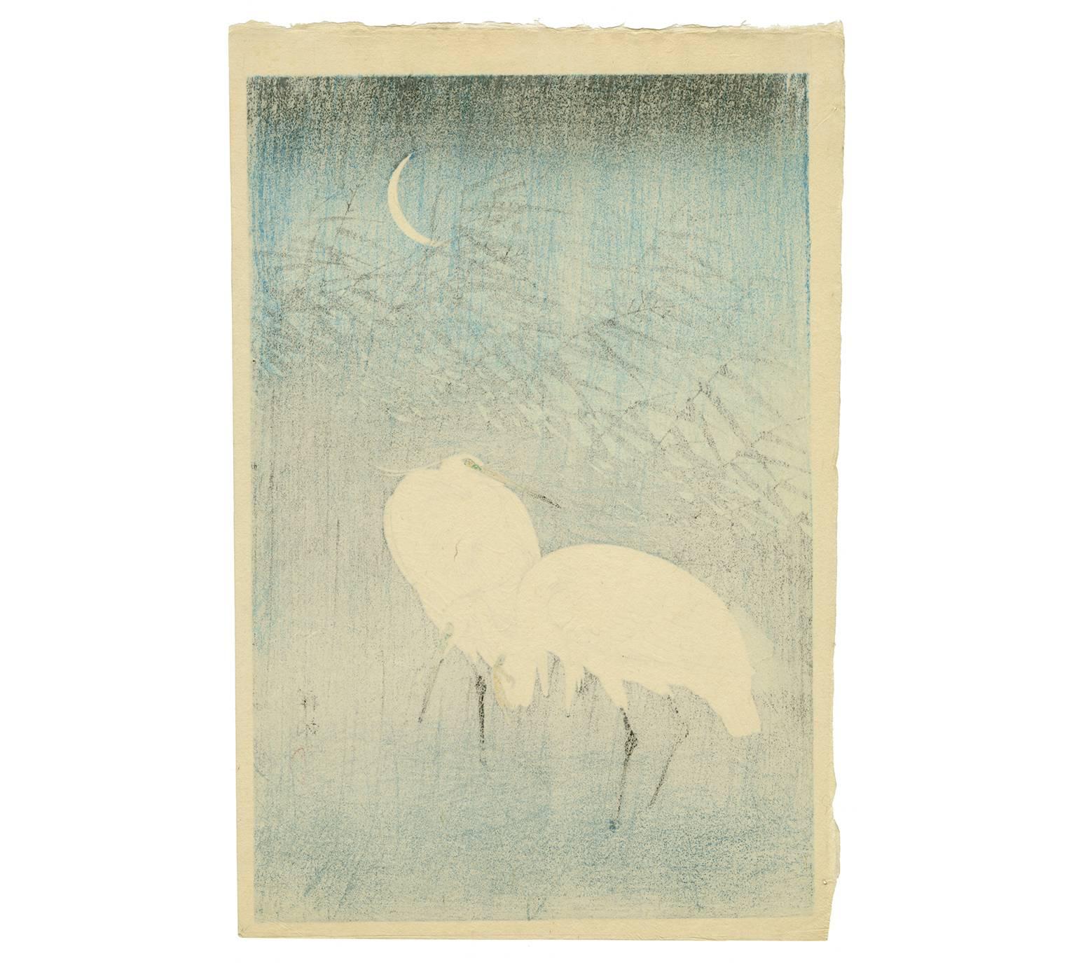 Egrets and Crescent Moon - Print by Ohara Koson