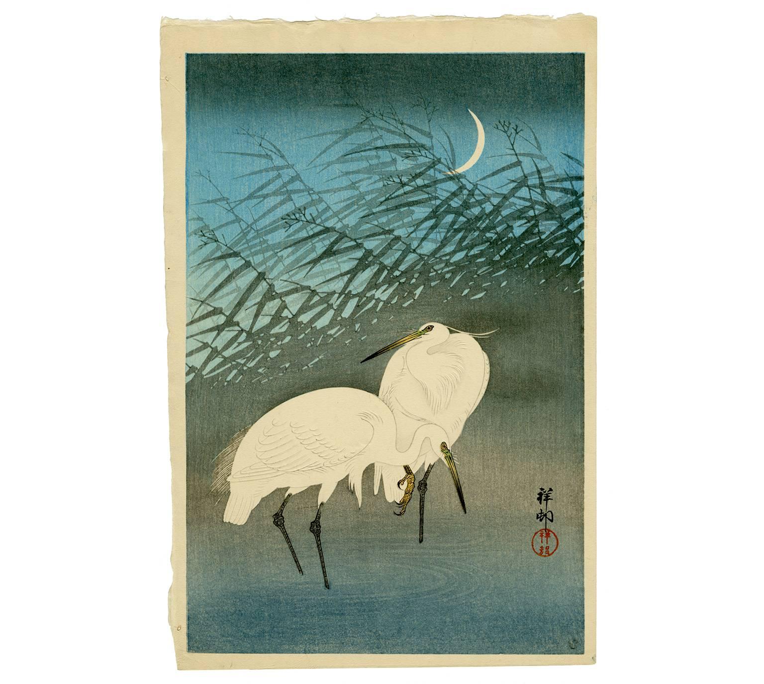 Ohara Koson Landscape Print - Egrets and Crescent Moon