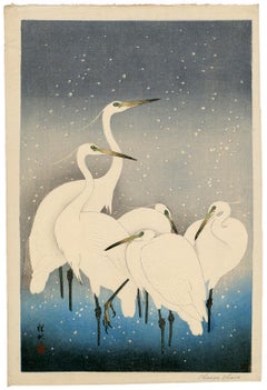Antique Egrets on a Snowy Night 