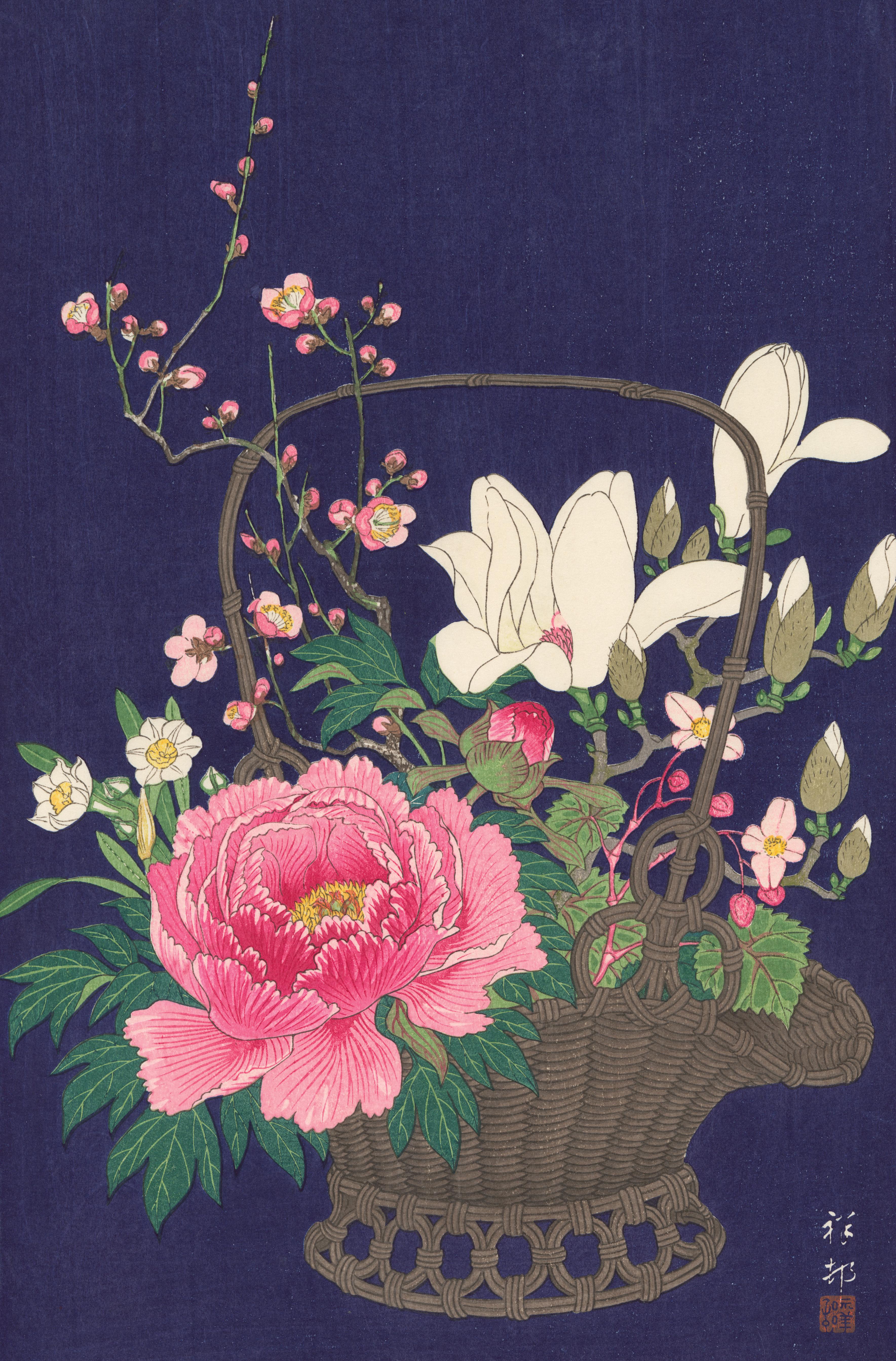 Arrangement de paniers de fleurs sur fond indigo (première édition) - Print de Ohara Koson