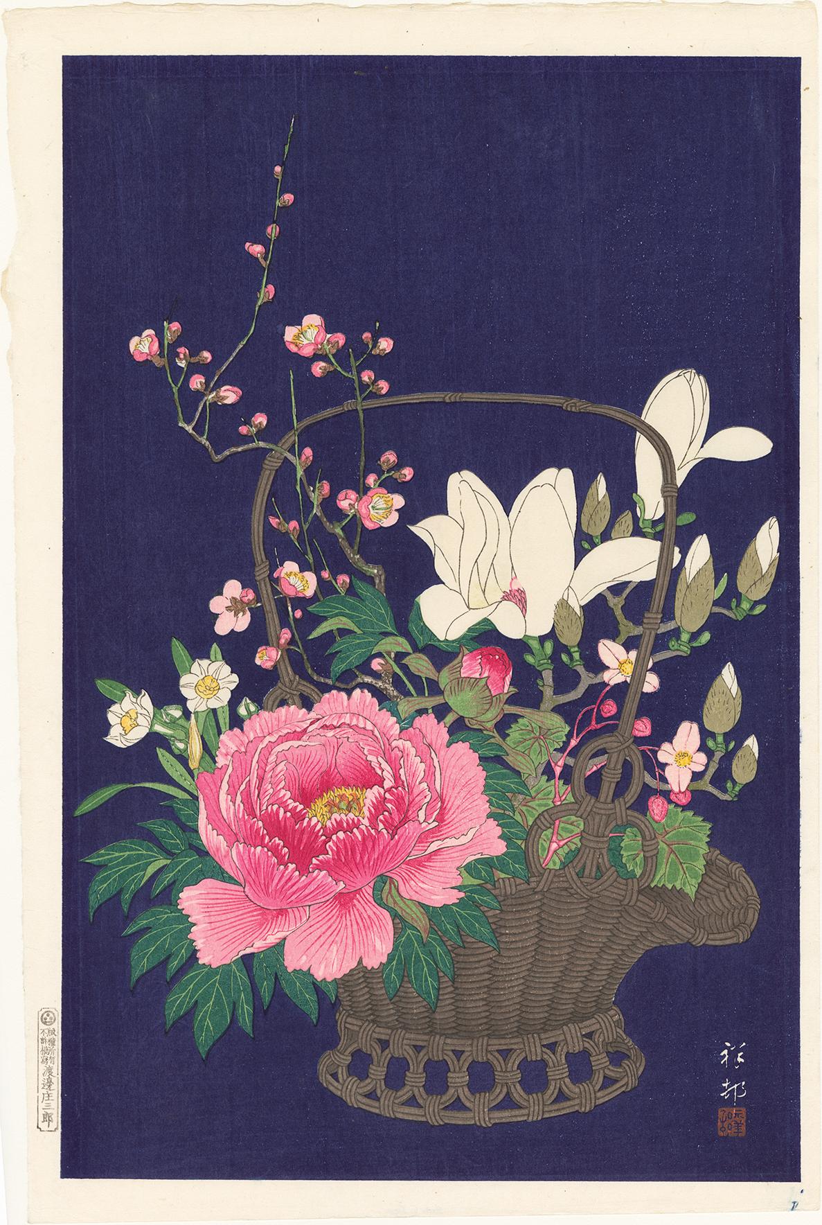 Still-Life Print Ohara Koson - Arrangement de paniers de fleurs sur fond indigo (première édition)
