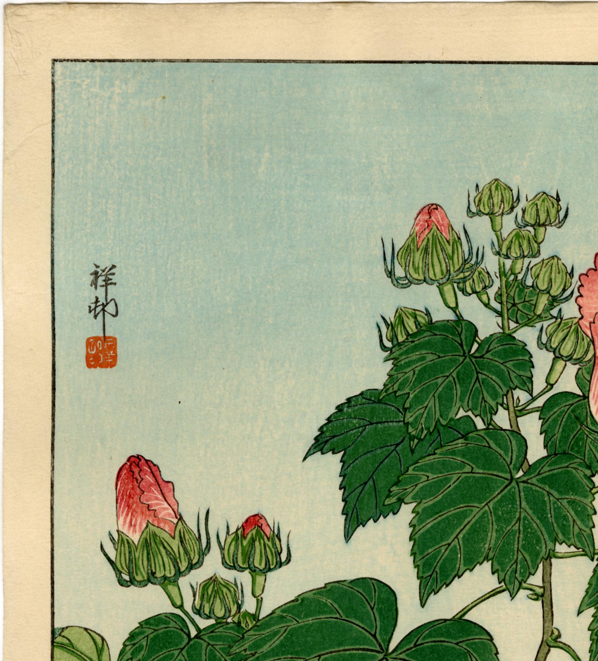 Flycatcher and Rose Mallow - Showa Print by Ohara Koson