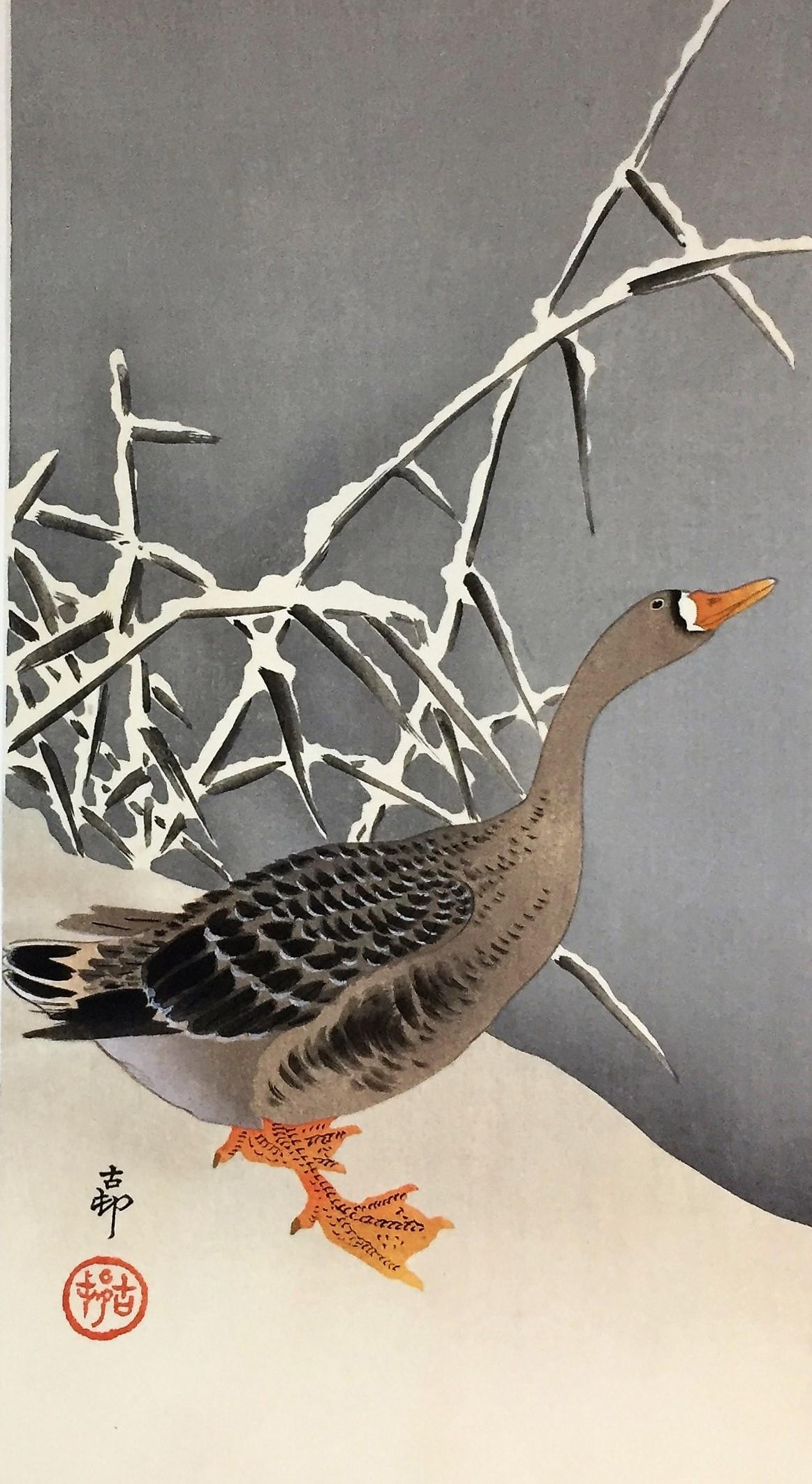 Goose and Reeds. Otanzaku:13 1/2 x 7 1/4. Illustrated: Newland, Crows, Cranes & Camellias, K11.9, catalog 41, pages 66, 174. Signed and sealed Koson. An excellent impression with subtle bokashi shading througout, and gauffrage on the birds' feathers