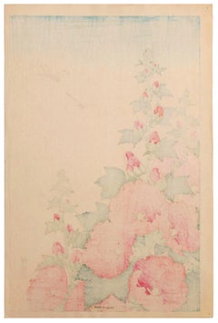 'Hollyhock and Dragonflies' — Showa Woodblock, Lifetime Impression